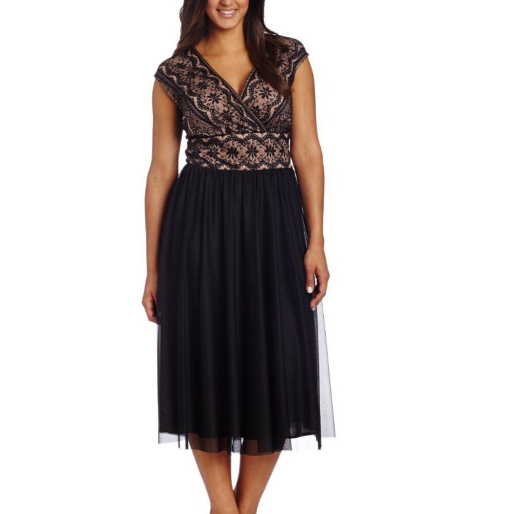 Jessica Howard Lace Overlay Evening Dress in Black & Tan Size 14